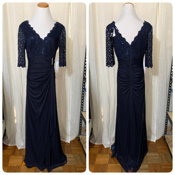 Betsy & Adam Women's Long 3/4 Sleeve V-Neck Lace Sheer Matte Jersey Gown 12 Navy - Picture 2 of 10